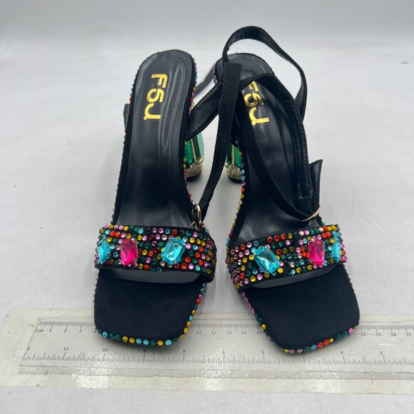 FSJ Black Gems Green Heel Open Toe Stylish Sandals Ankle Strap Ballroom Shoes - Picture 3 of 8